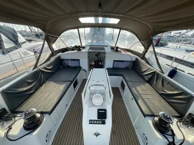 Cockpit of AF-SO490, a Jeanneau Sun Odyssey 490 sailboat at Athens, Greece