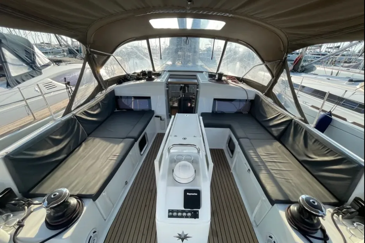 Cockpit of AF-SO490, a Jeanneau Sun Odyssey 490 sailboat at Athens, Greece