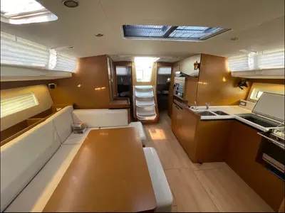 Salon of AF-SO490, a Jeanneau Sun Odyssey 490 sailboat at Athens, Greece