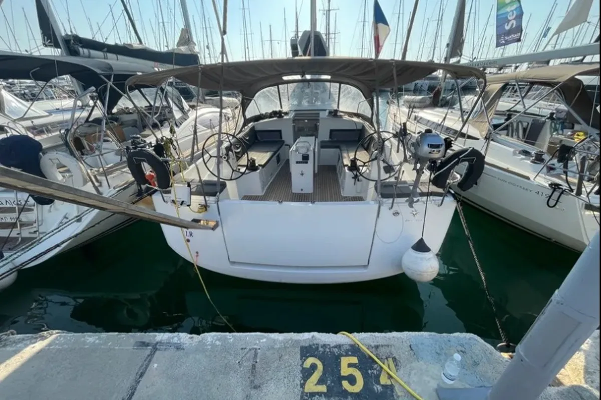 Exterior view of AF-SO490, a Jeanneau Sun Odyssey 490 sailboat at Athens, Greece