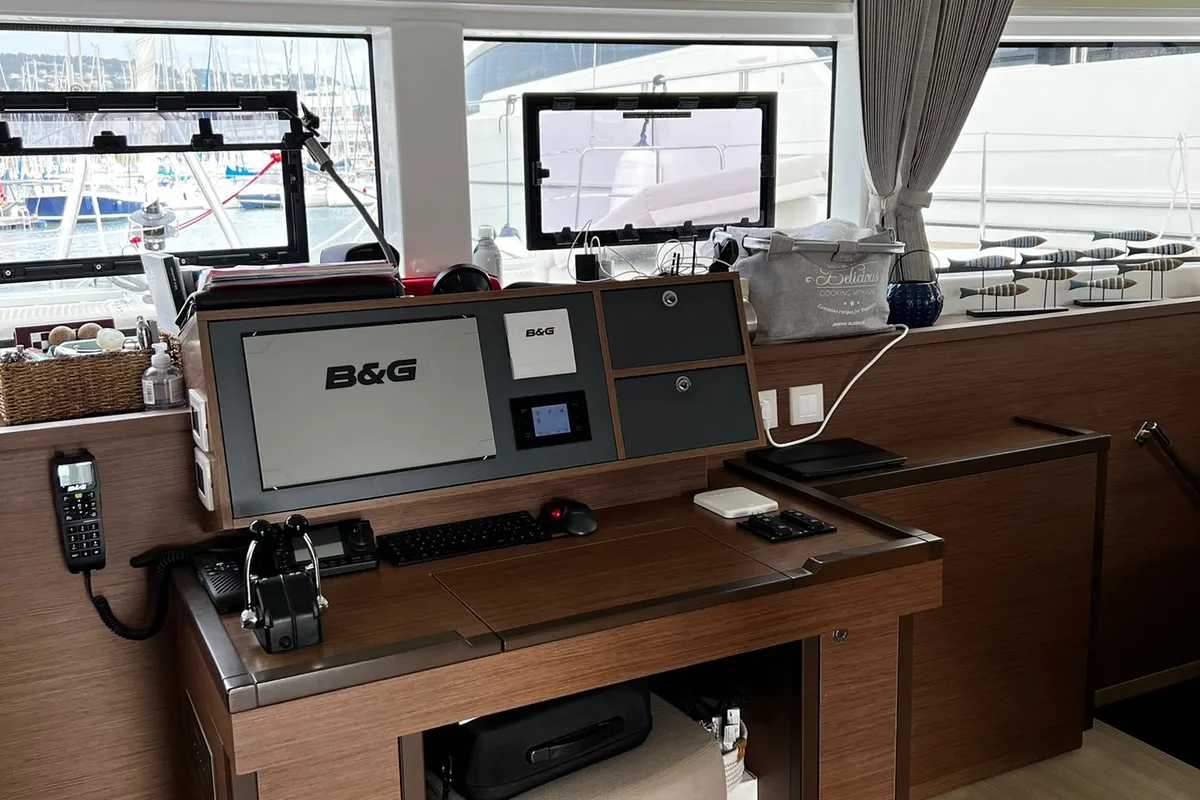 Cockpit of SAILUXE - Samoa, a Lagoon 52F catamaran at Capo d'Orlando, Italy