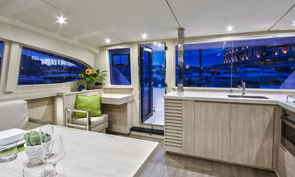 Salon of Vision 3, a Leopard 40 catamaran at Uturoa, France