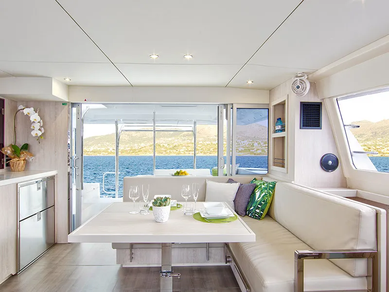 Salon of Vision 3, a Leopard 40 catamaran at Uturoa, France