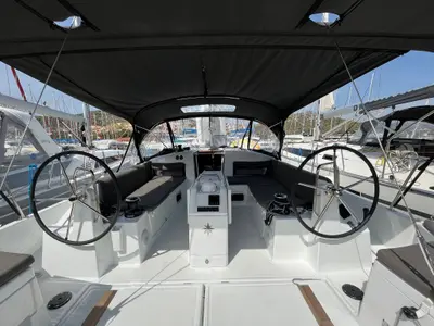 Cockpit of Art Vandelay, a Jeanneau Sun Odyssey 440 sailboat at Marina, Croatia