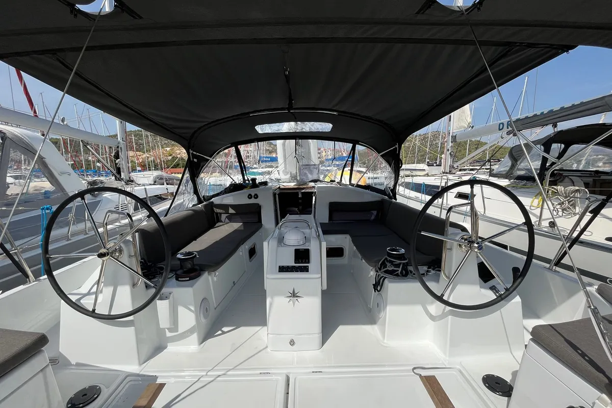 Cockpit of Art Vandelay, a Jeanneau Sun Odyssey 440 sailboat at Marina, Croatia