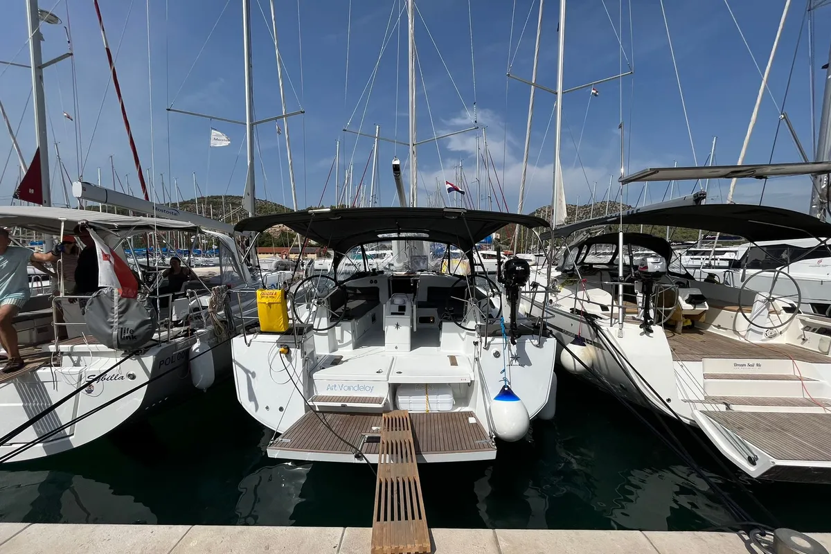 Exterior view of Art  Vandelay, a Jeanneau Sun Odyssey 440 sailboat at Marina, Croatia