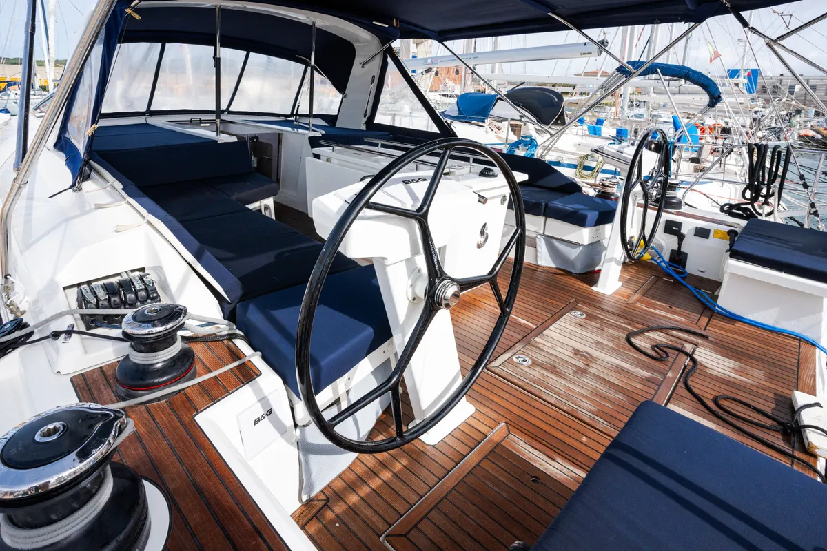 Cockpit of Agape - Premium line, a Beneteau Oceanis 51.1 sailboat at Rosignano Solvay, Italy