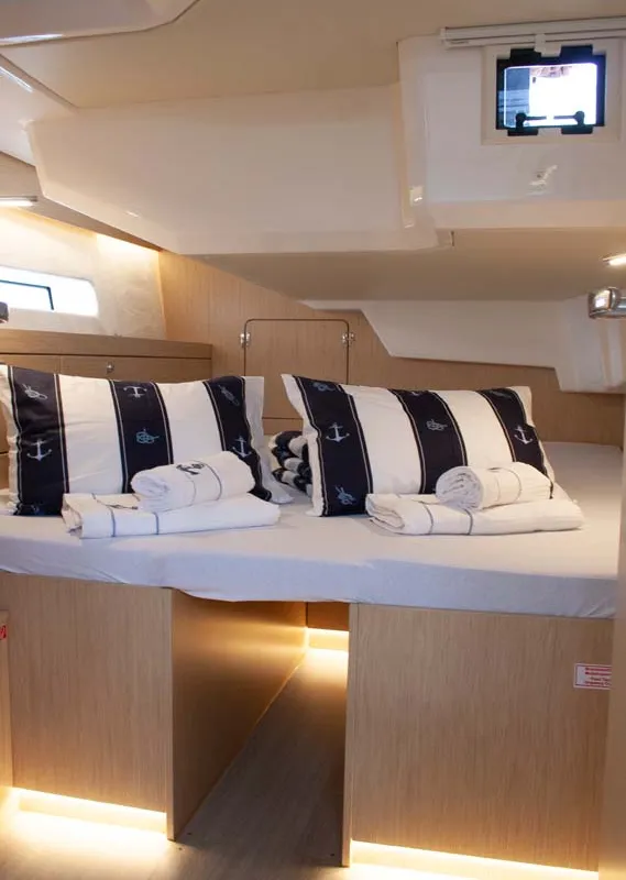 Cabin on Nonica, a Bavaria C46 sailboat at Split, Croatia
