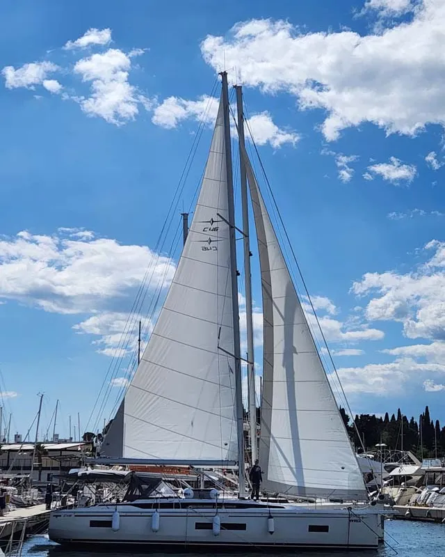 Exterior view of Nonica, a Bavaria C46 sailboat at Split, Croatia