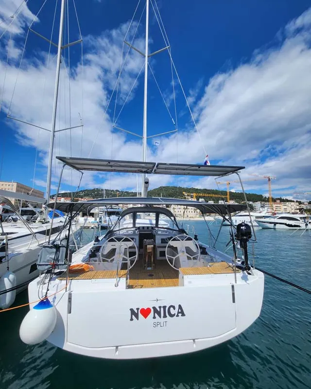 Exterior view of Nonica, a Bavaria C46 sailboat at Split, Croatia
