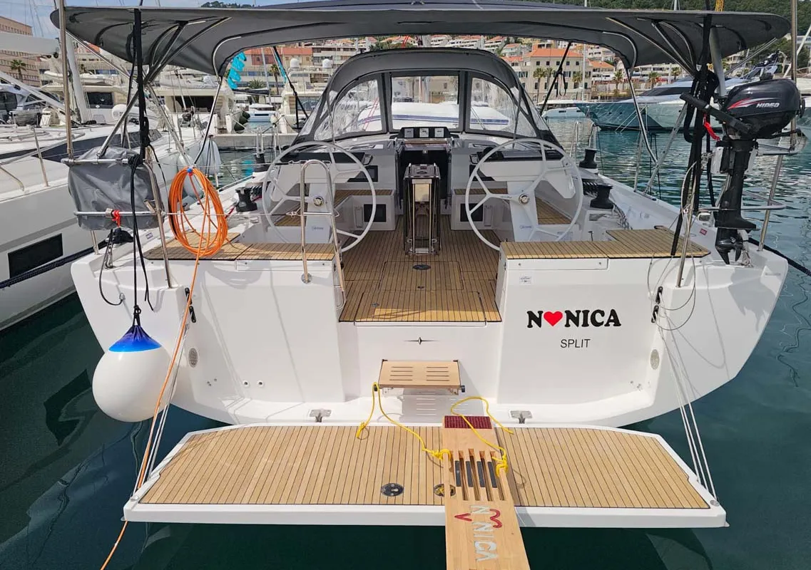 Exterior view of Nonica, a Bavaria C46 sailboat at Split, Croatia