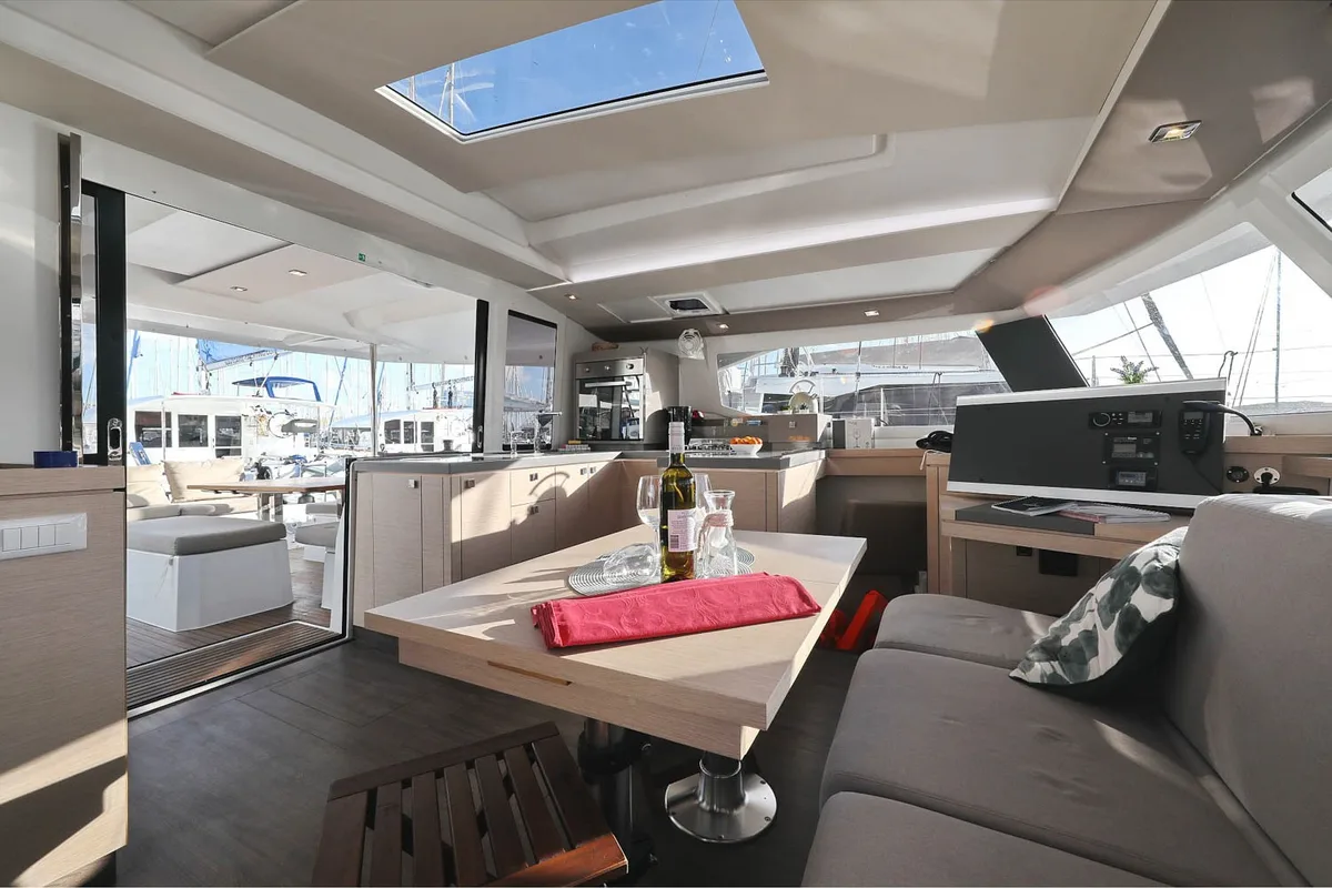 Salon of OCEAN RUNNER, a Fountaine Pajot Astréa 42 catamaran at Općina Medulin, Croatia
