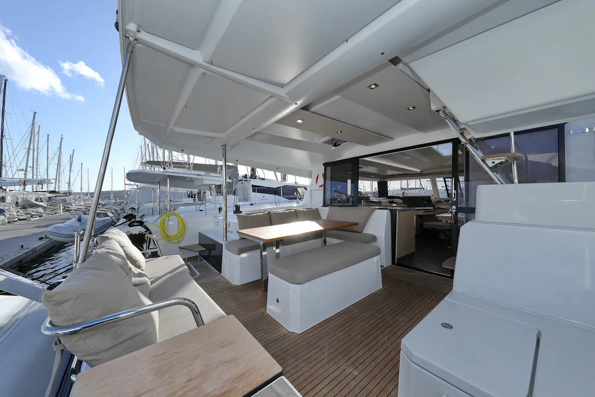 Deck of OCEAN RUNNER, a Fountaine Pajot Astréa 42 catamaran at Općina Medulin, Croatia