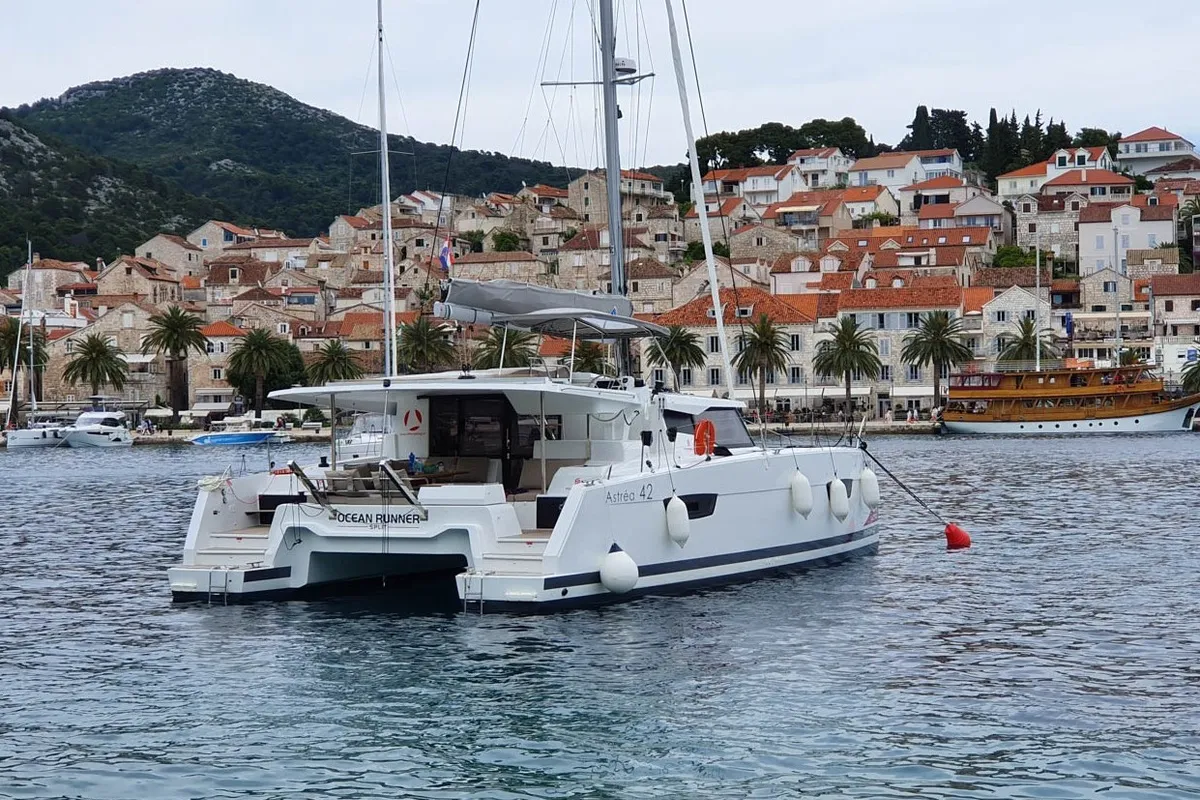Exterior view of OCEAN RUNNER, a Fountaine Pajot Astréa 42 catamaran at Općina Medulin, Croatia