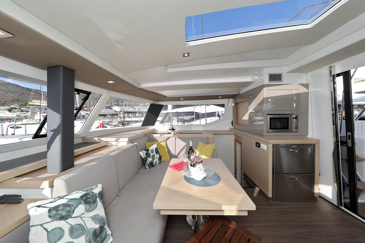 Salon of OCEAN RUNNER, a Fountaine Pajot Astréa 42 catamaran at Općina Medulin, Croatia