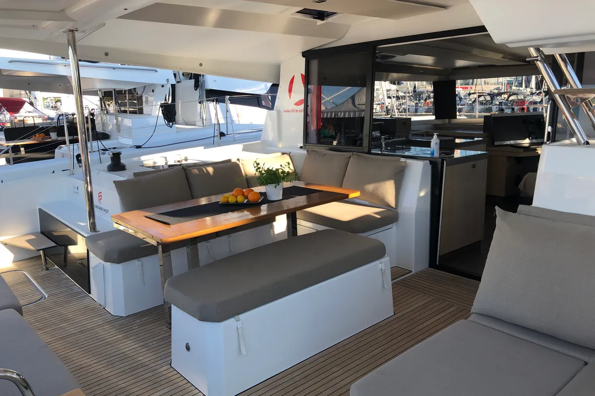 Deck of OCEAN RUNNER, a Fountaine Pajot Astréa 42 catamaran at Općina Medulin, Croatia
