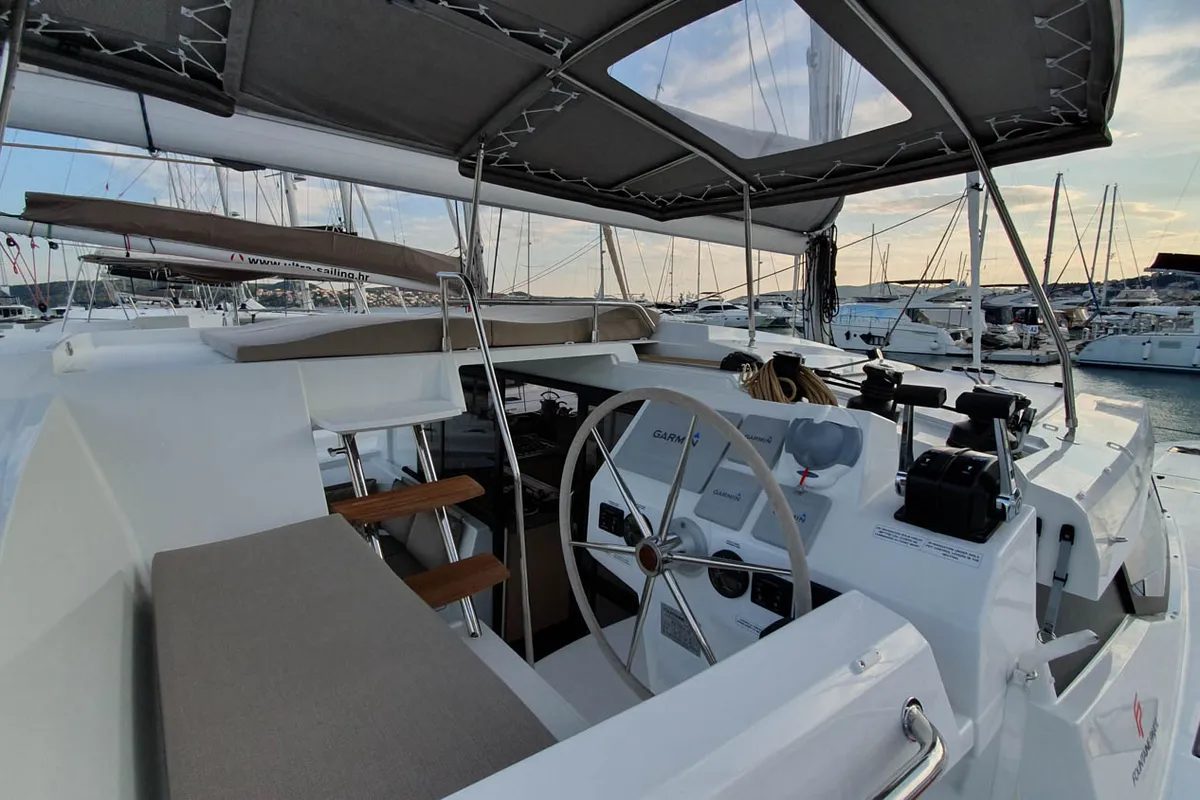 Cockpit of OCEAN RUNNER, a Fountaine Pajot Astréa 42 catamaran at Općina Medulin, Croatia