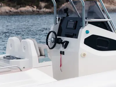 Cockpit of Classic, a Gulet Motorboat motorboat at Poltu Quatu, Italy