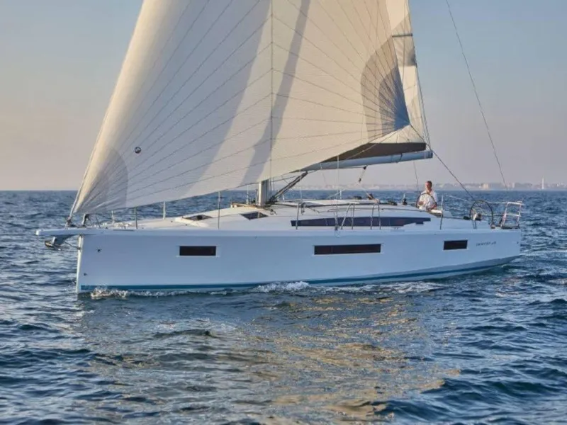 Exterior view of Alma Libre VI, a Jeanneau Sun Odyssey 410 sailboat at Municipal Unit of Lefkada, Greece