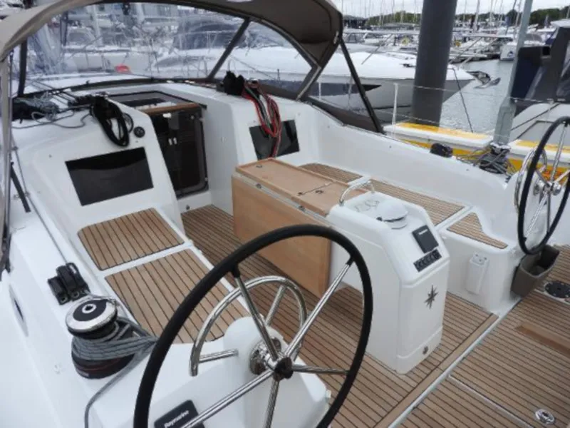 Cockpit of Alma Libre VI, a Jeanneau Sun Odyssey 410 sailboat at Municipal Unit of Lefkada, Greece