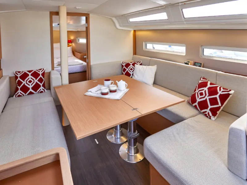 Salon of Alma Libre VI, a Jeanneau Sun Odyssey 410 sailboat at Municipal Unit of Lefkada, Greece