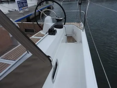 Deck of Alma Libre VI, a Jeanneau Sun Odyssey 410 sailboat at Municipal Unit of Lefkada, Greece