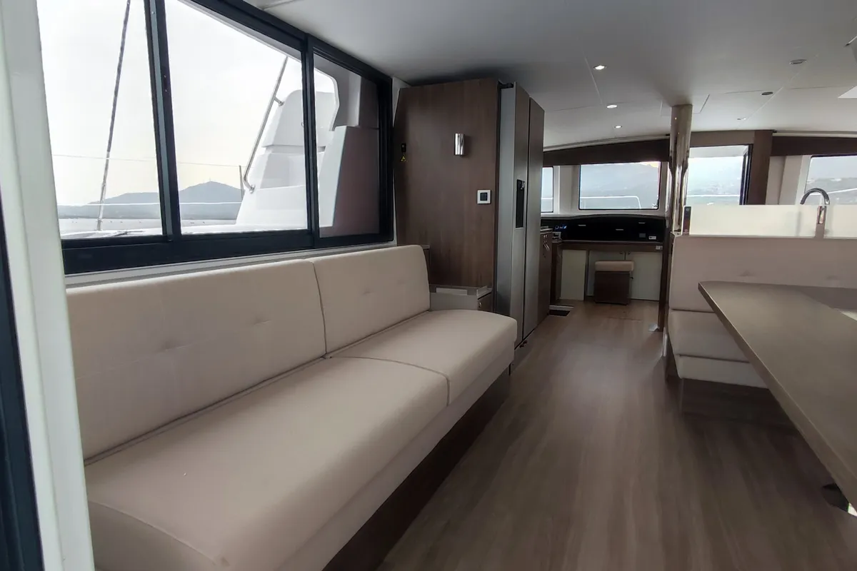 Salon of Physeter, a Bali 4.8 catamaran at Olbia, Italy
