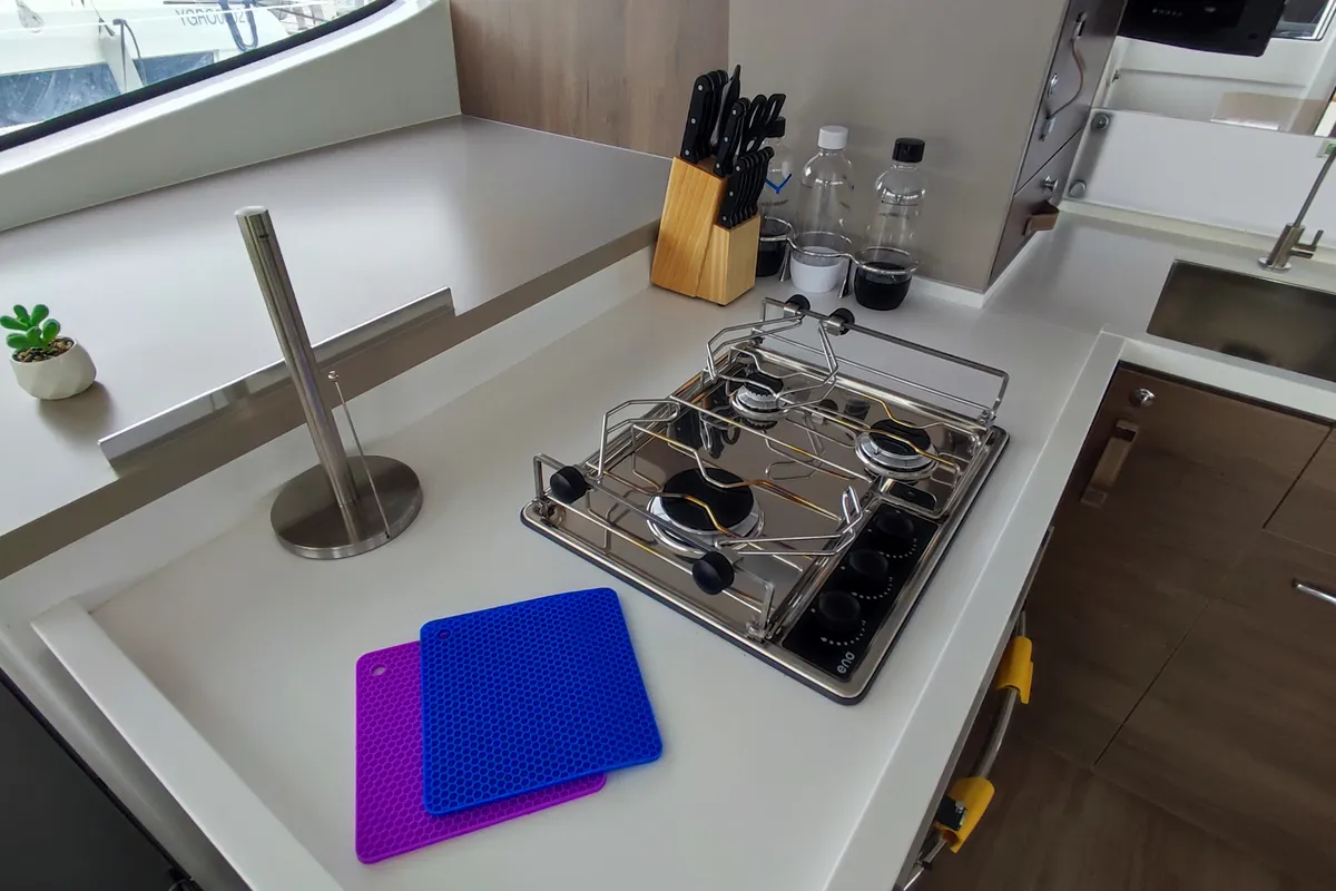 Galley of Physeter, a Bali 4.8 catamaran at Olbia, Italy