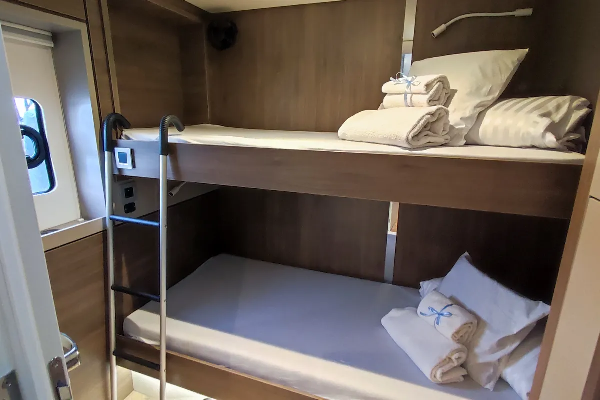 Cabin on Physeter, a Bali 4.8 catamaran at Olbia, Italy