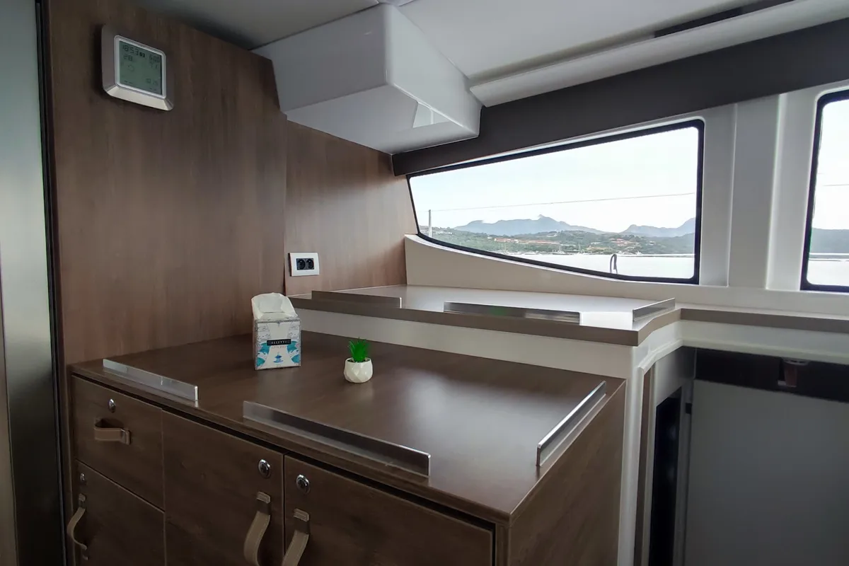 Salon of Physeter, a Bali 4.8 catamaran at Olbia, Italy