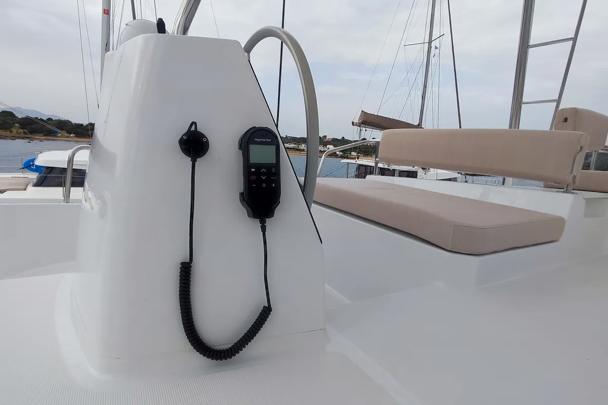Cockpit of Physeter, a Bali 4.8 catamaran at Olbia, Italy