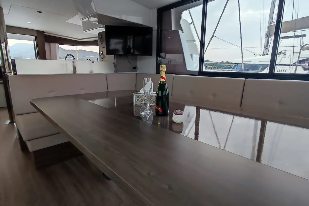 Salon of Physeter, a Bali 4.8 catamaran at Olbia, Italy