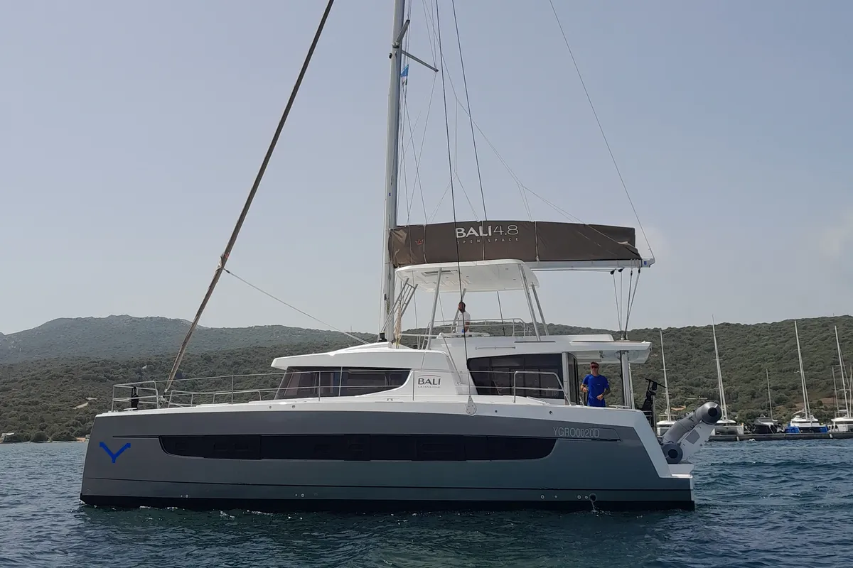 Exterior view of Physeter, a Bali 4.8 catamaran at Olbia, Italy