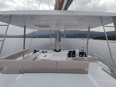 Deck of Physeter, a Bali 4.8 catamaran at Olbia, Italy