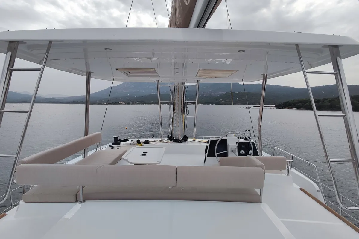 Deck of Physeter, a Bali 4.8 catamaran at Olbia, Italy