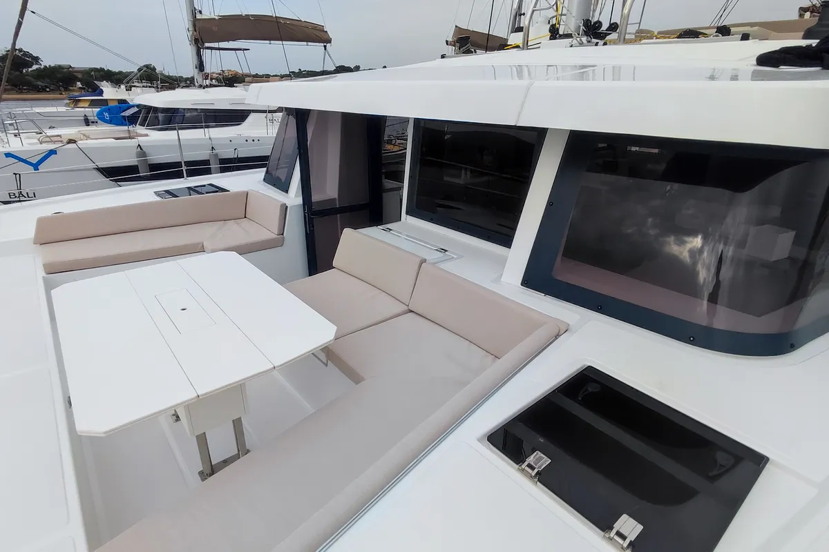 Deck of Physeter, a Bali 4.8 catamaran at Olbia, Italy