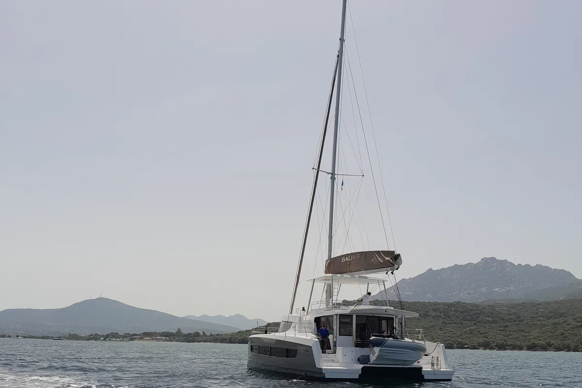Exterior view of Physeter, a Bali 4.8 catamaran at Olbia, Italy