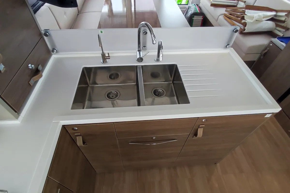 Galley of Physeter, a Bali 4.8 catamaran at Olbia, Italy