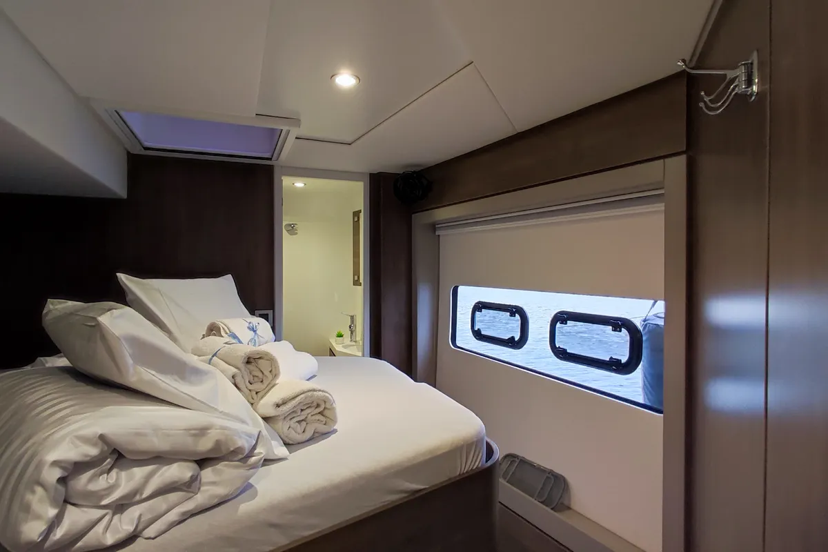 Cabin on Physeter, a Bali 4.8 catamaran at Olbia, Italy