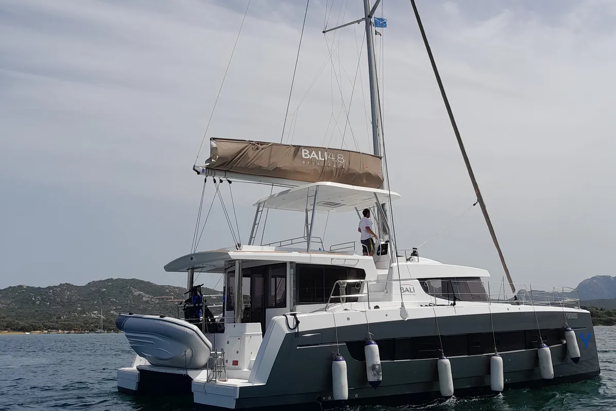 Exterior view of Physeter, a Bali 4.8 catamaran at Olbia, Italy