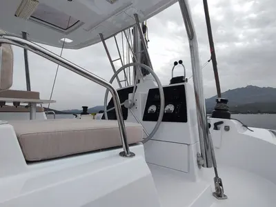 Cockpit of Physeter, a Bali 4.8 catamaran at Olbia, Italy