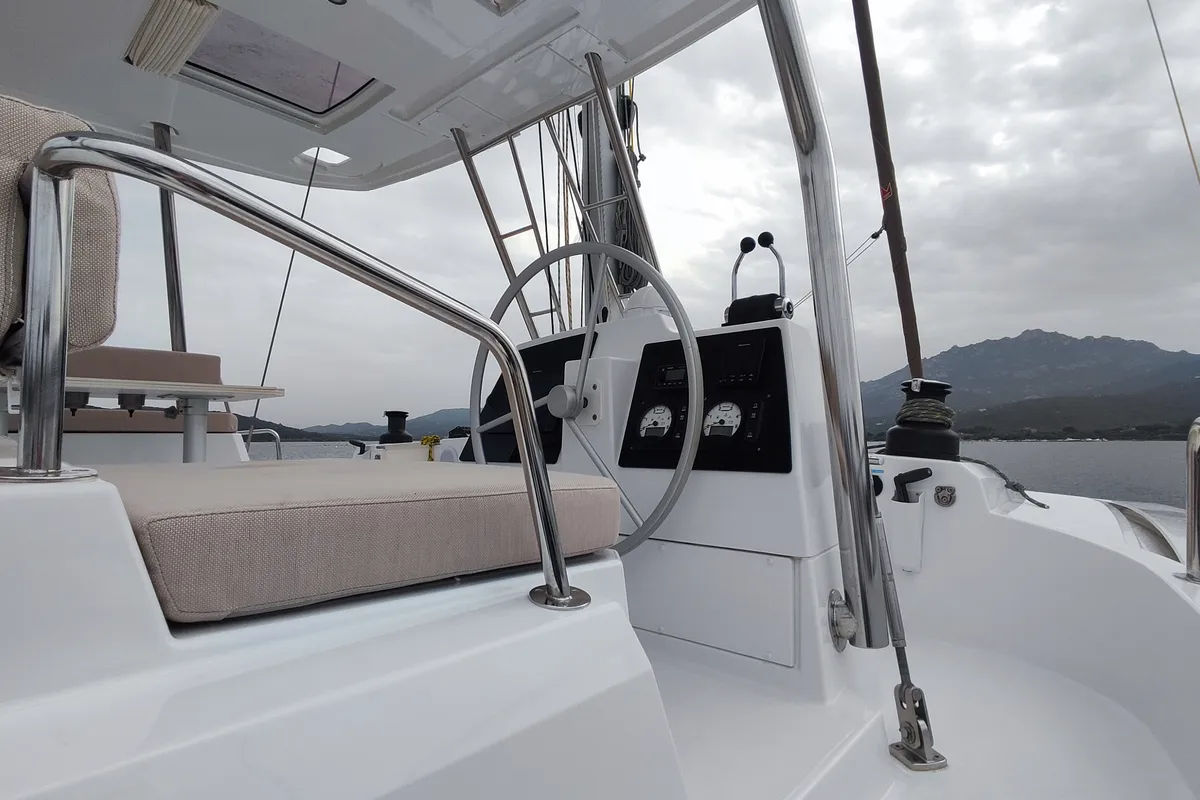 Cockpit of Physeter, a Bali 4.8 catamaran at Olbia, Italy