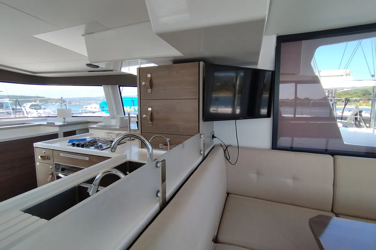 Salon of Physeter, a Bali 4.8 catamaran at Olbia, Italy
