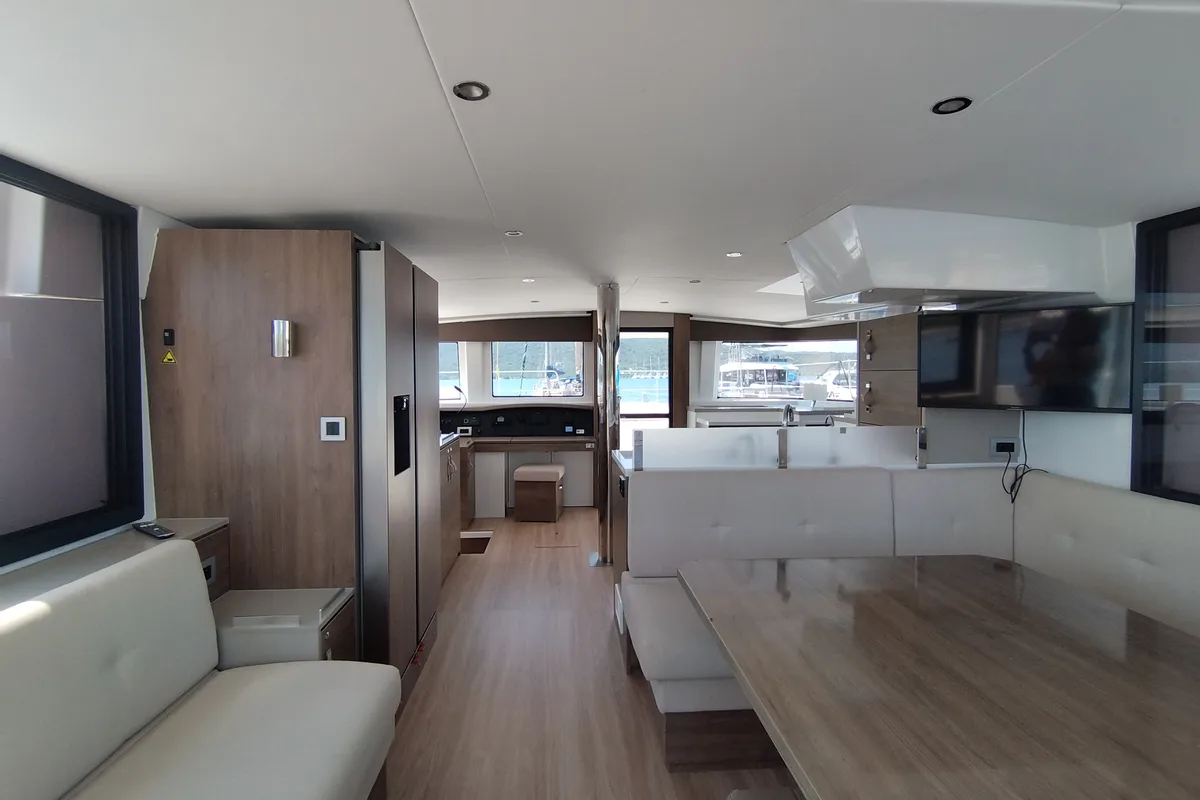 Salon of Physeter, a Bali 4.8 catamaran at Olbia, Italy