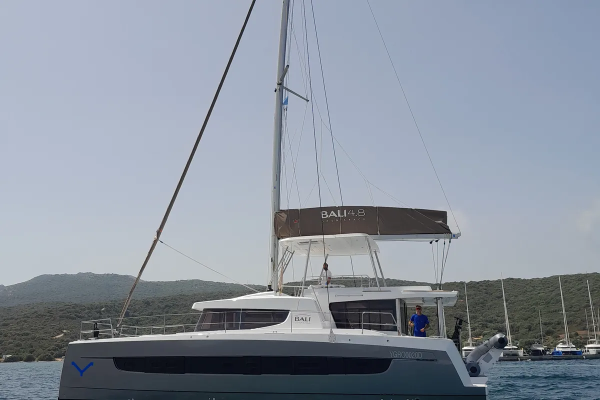 Exterior view of Physeter, a Bali 4.8 catamaran at Olbia, Italy
