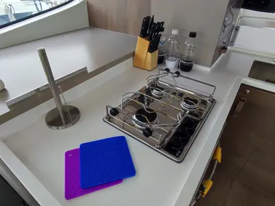 Galley of Physeter, a Bali 4.8 catamaran at Olbia, Italy
