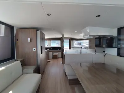 Salon of Physeter, a Bali 4.8 catamaran at Olbia, Italy