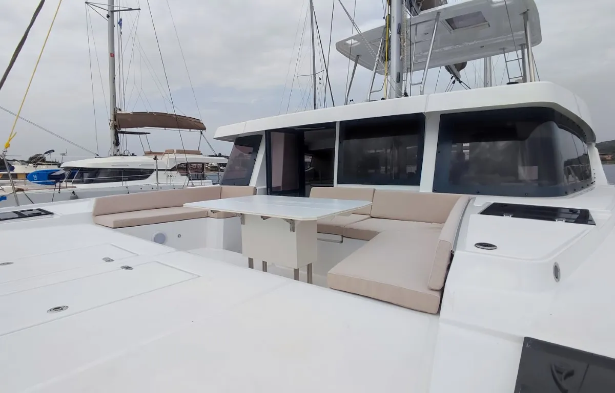Deck of Physeter, a Bali 4.8 catamaran at Olbia, Italy