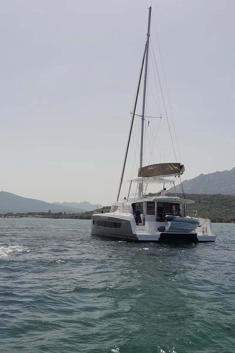 Exterior view of Physeter, a Bali 4.8 catamaran at Olbia, Italy