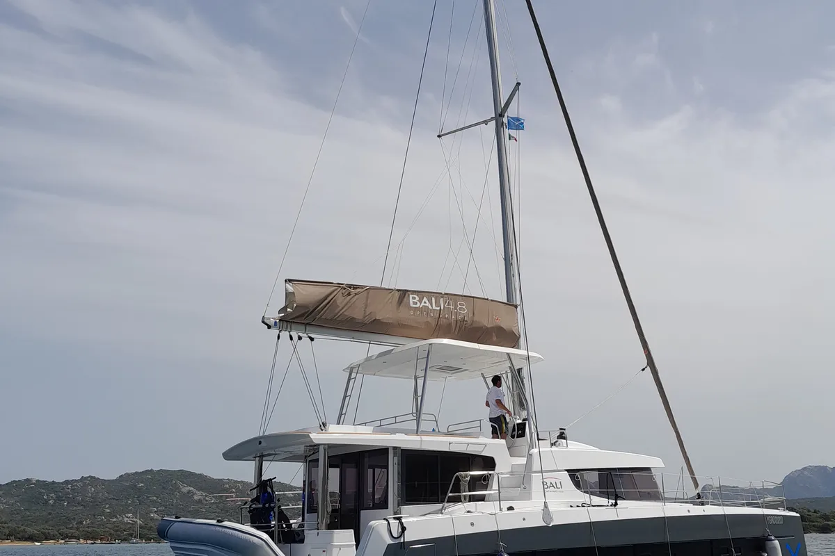 Exterior view of Physeter, a Bali 4.8 catamaran at Olbia, Italy